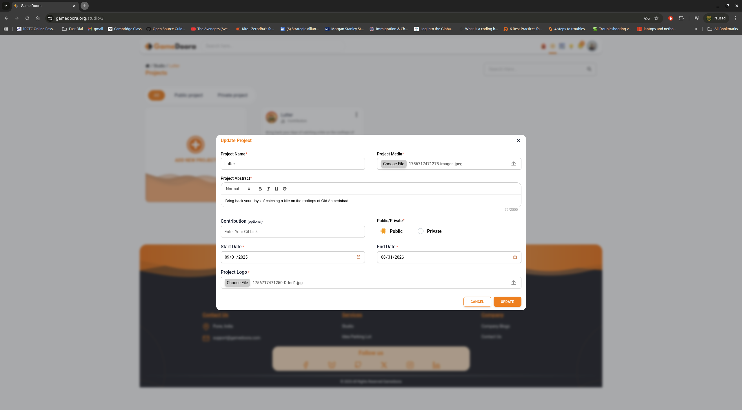 Gamedoora interface for creating or updating a project