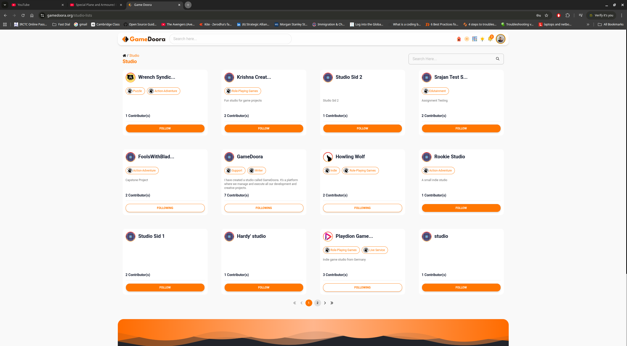 Gamedoora studio discovery view showing creators and studios